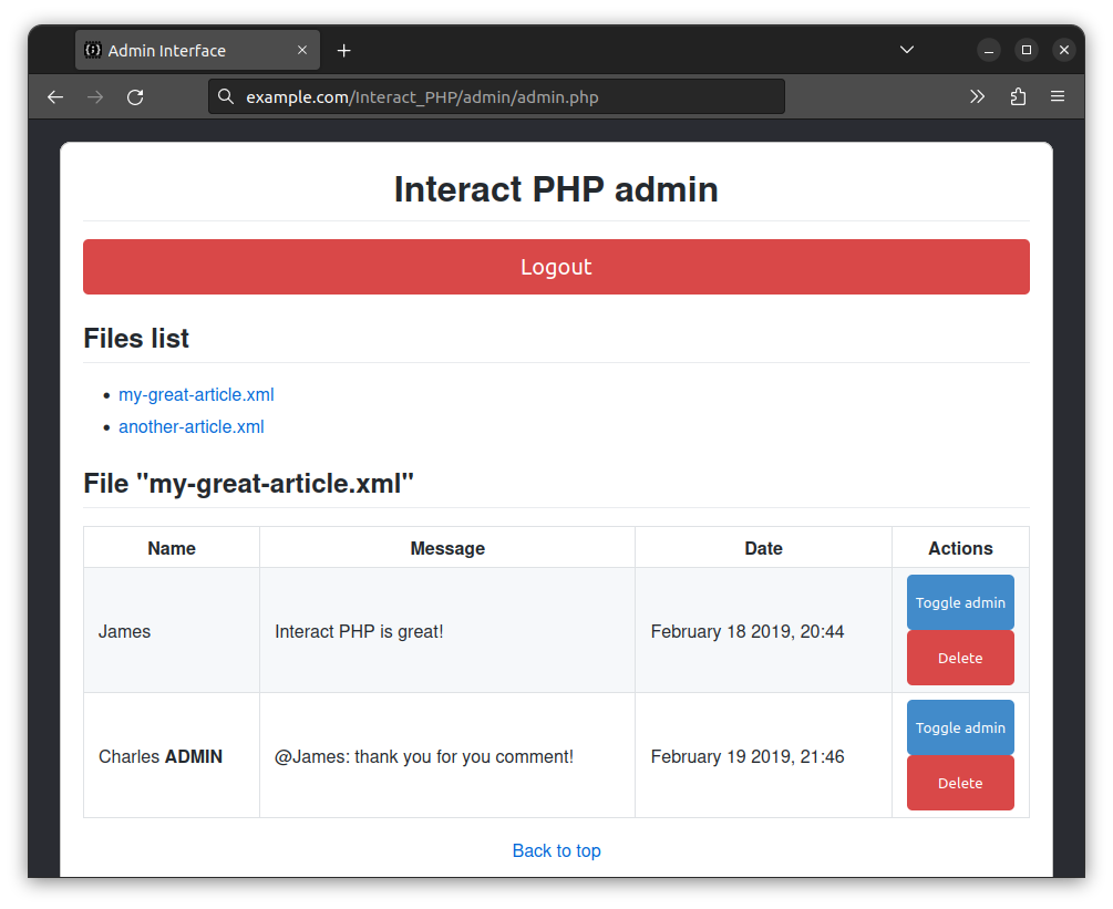 Interact PHP's admin interface